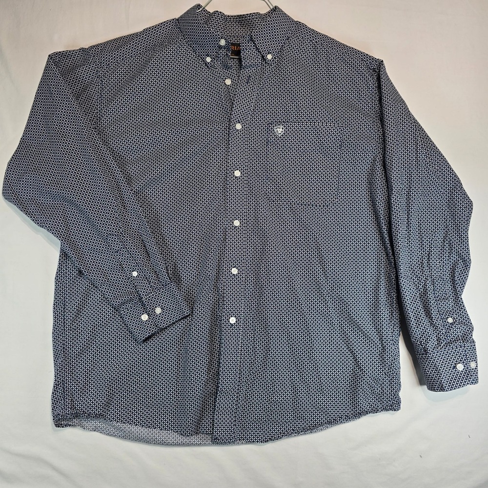 Ariat Mens XL Navy White Geometric Print Cotton Long Sleeve Western Shirt 100156